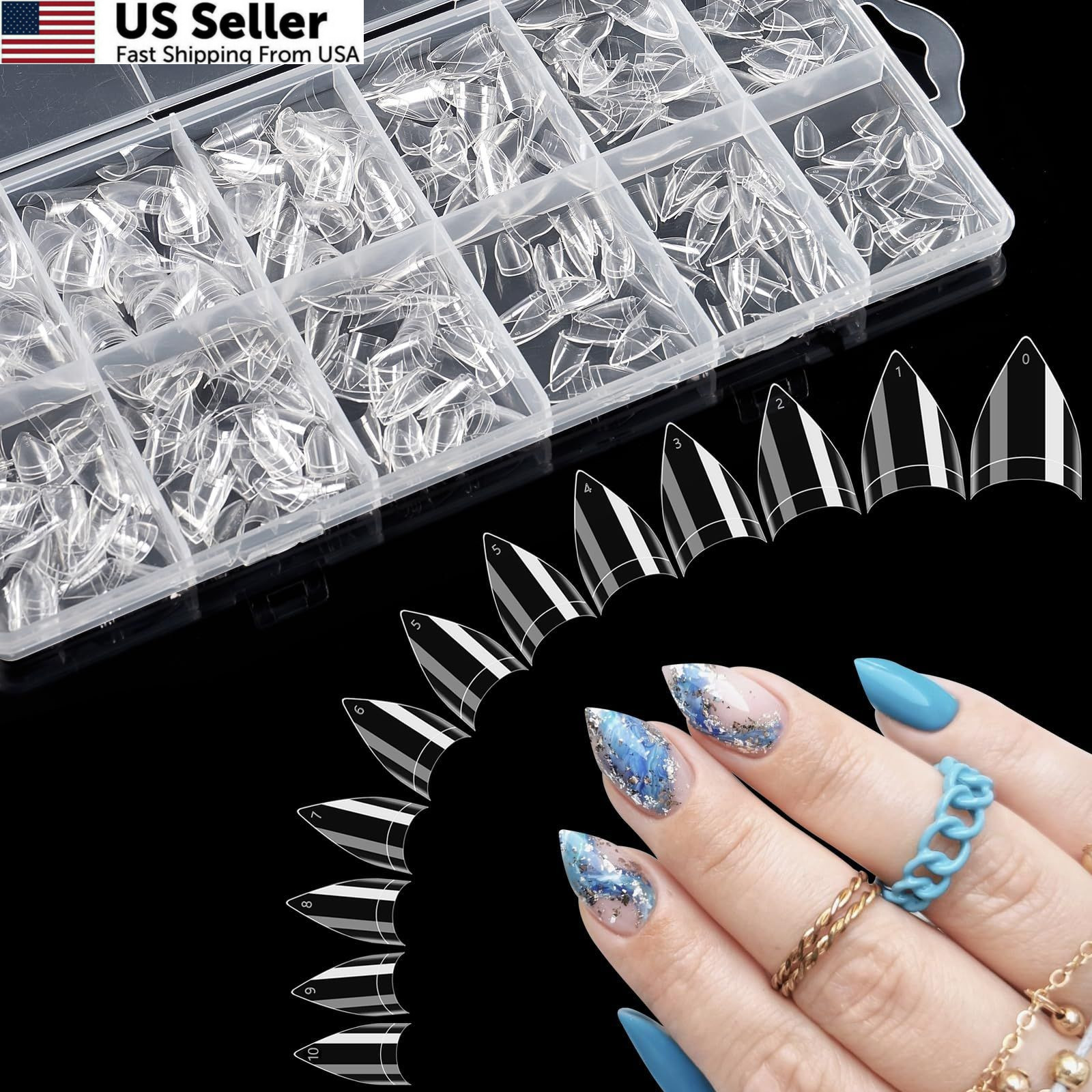 Clear Short Stiletto Nail Tips, 600PCS Half Cover 500 Piece Assortment,