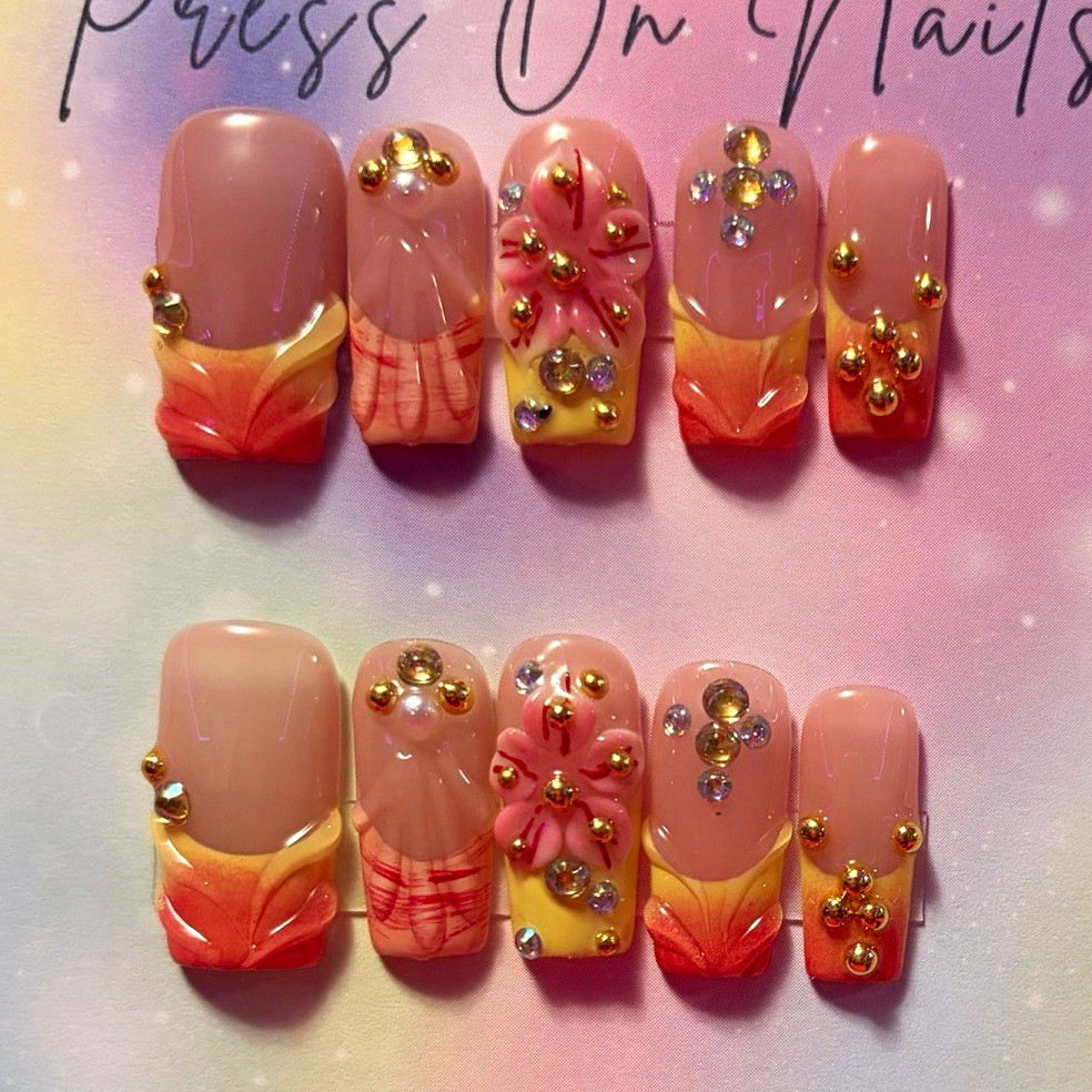 Homemade Pink/Orange 3D Floral Square Press-On Nails Set, Medium, Pre-Designed