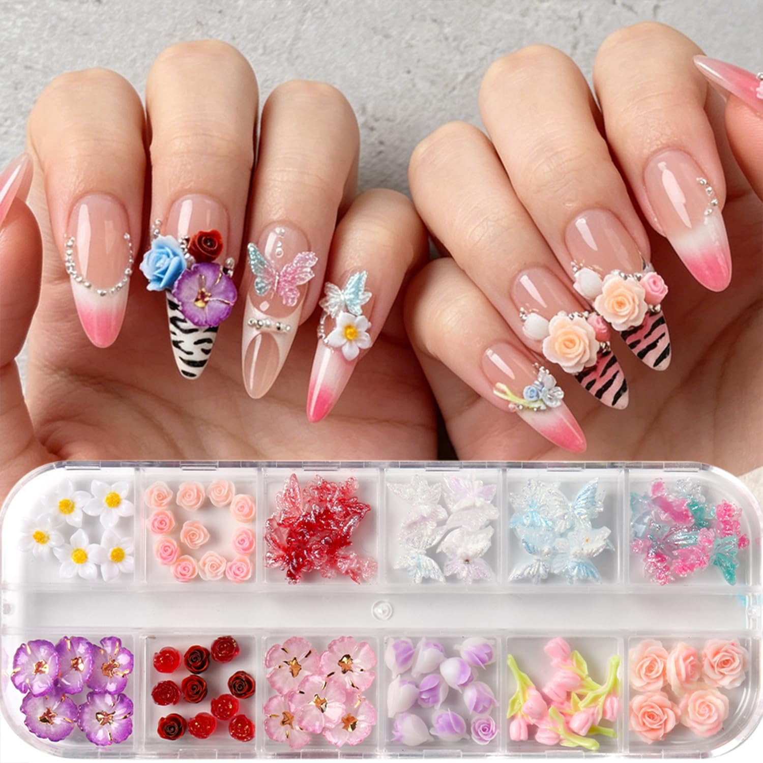 12 Grids Flowers Nail Charms Rose Tulip Floral Butterfly Designs | 3D Resin Mult