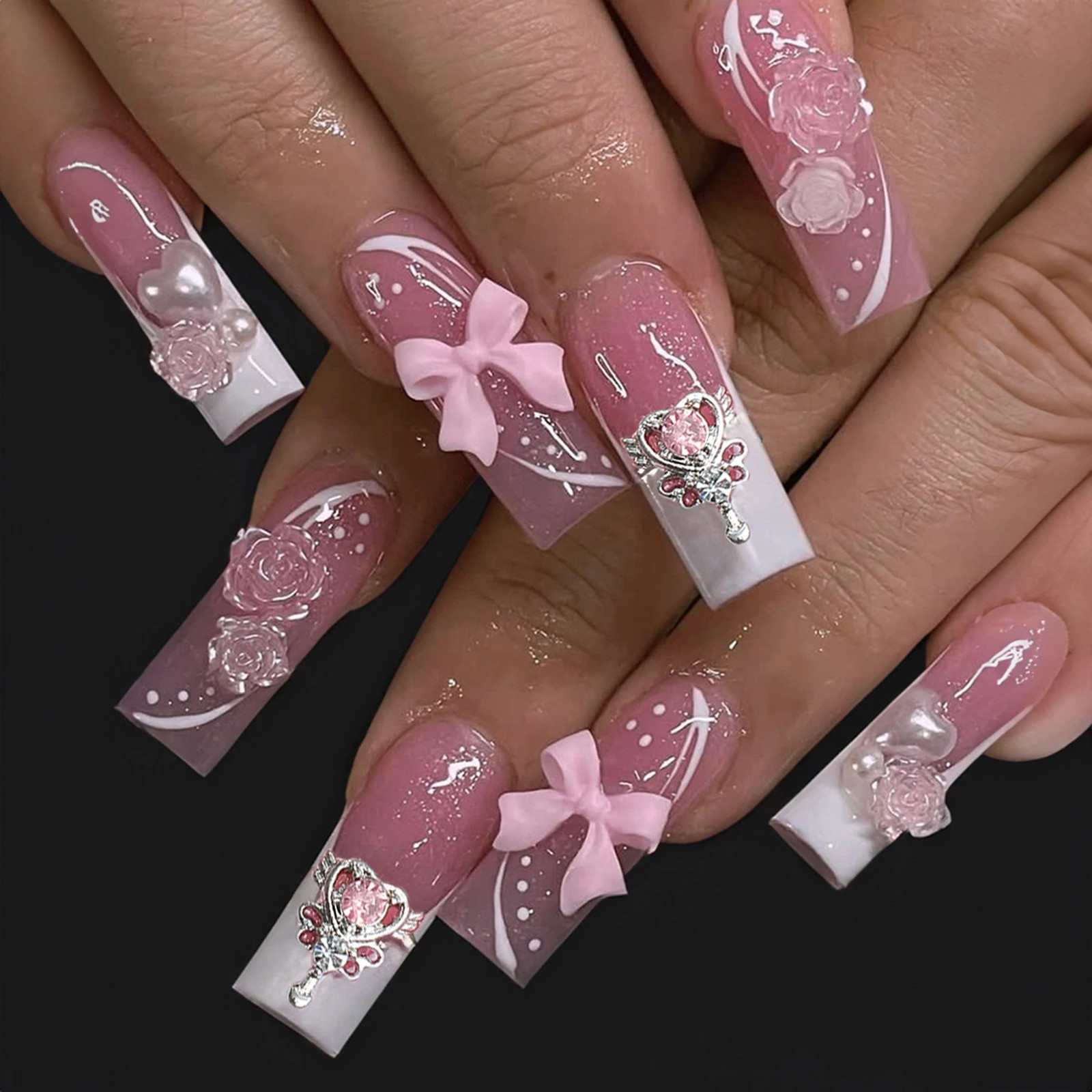 24Pcs French Bow 3D Flower Coffin Ballet Bride Press On Nails