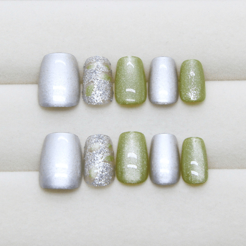 60pcs Short Square Press on Nails, Green Cat Eye Glitter Solid Color Nail Art