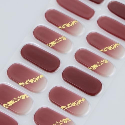 Gel Nail Stickers Wine Red Gradient Semi Cured Gel Nail Strips Wraps UV/LED