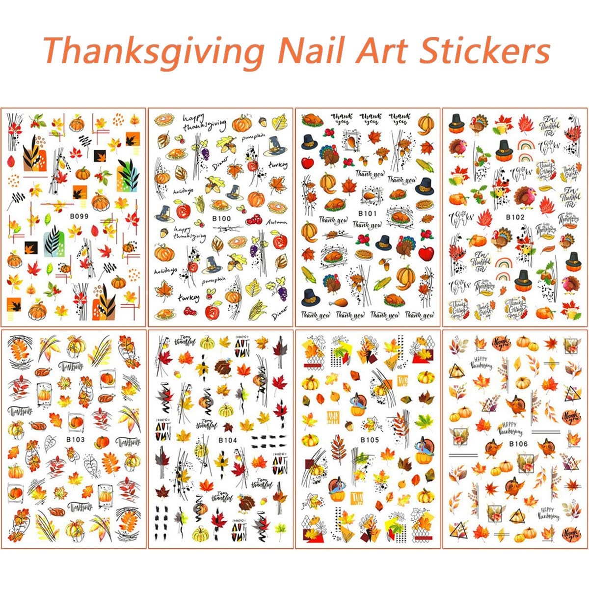 8 Sheets Thanksgiving Nail Decals 3D Self-Adhesive Autumn Multicolour