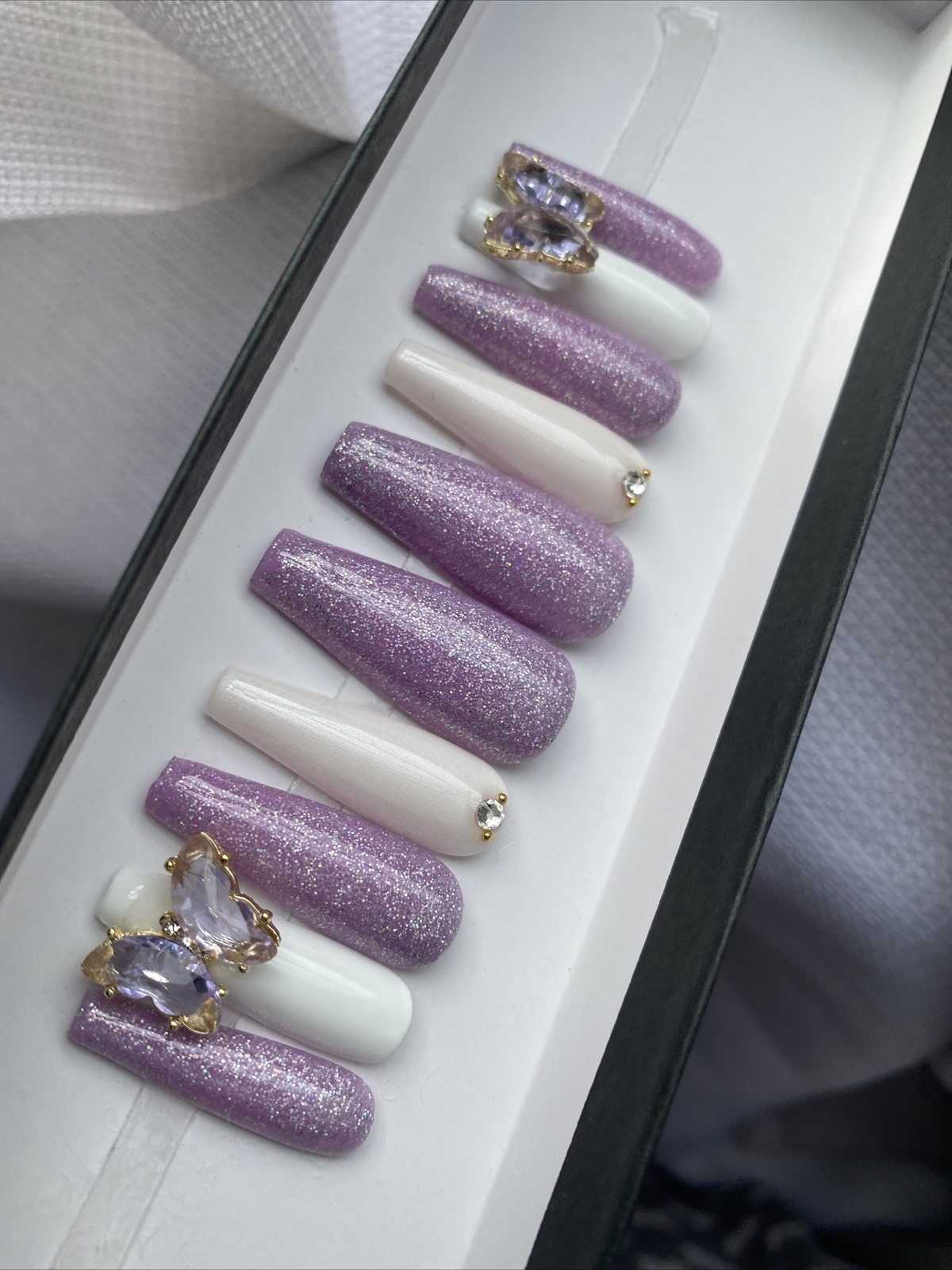 🔥CUSTOM Gel Press On False Nails, PURPLE BUTTERFLY 10p Set With Full Kit NEW