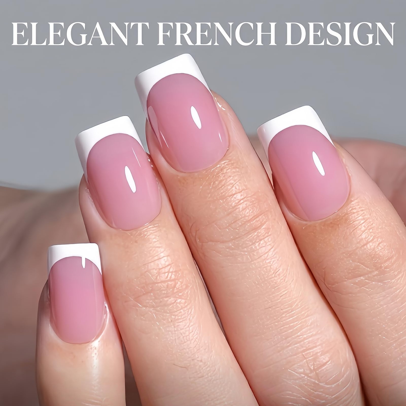 32Pcs Short Square Press On Nails Glossy Jelly Pink, Natural French Tip Fake …
