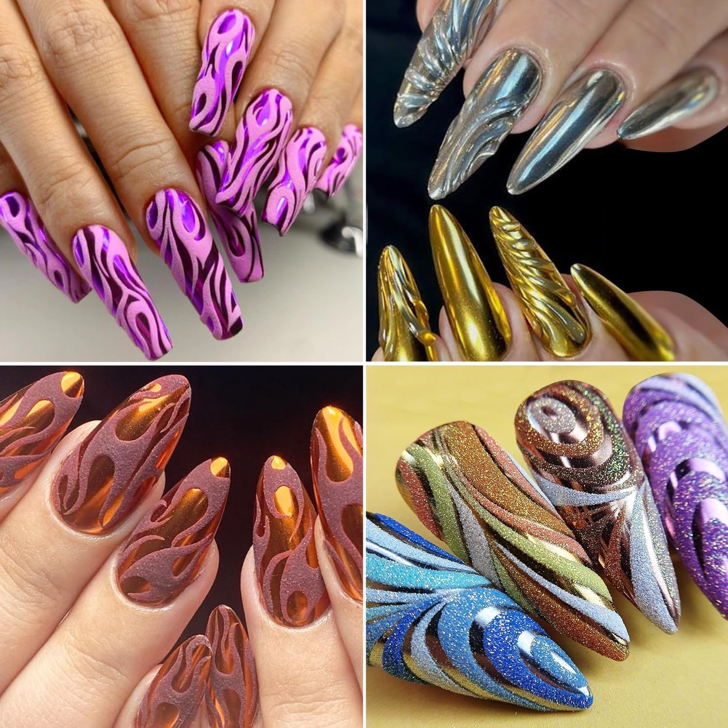 Set de Polvo Cromado para Uñas 14 Colores Efecto Metalizado y Holográfico