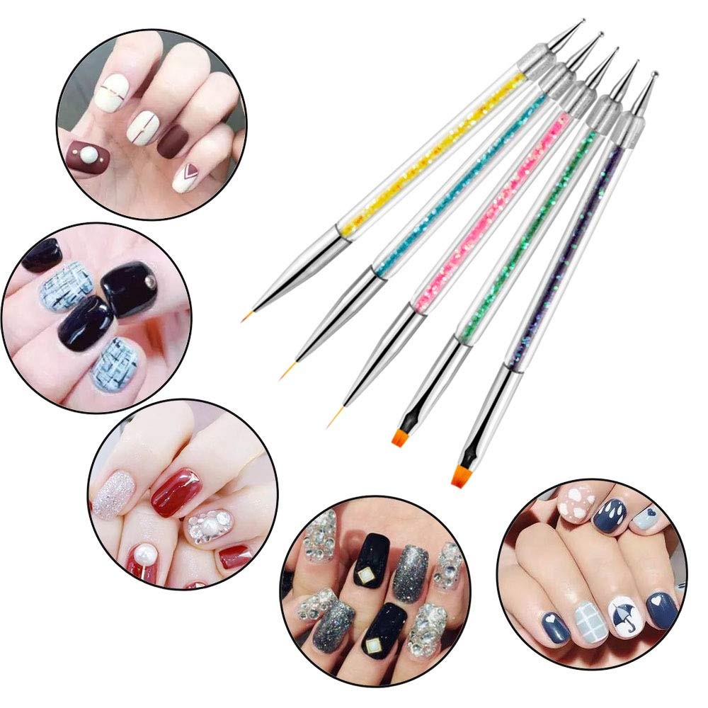 iFwevs Nail Art Brushes,5pcs Double Ended Brush & Dotting Tool Kit,Including Nai