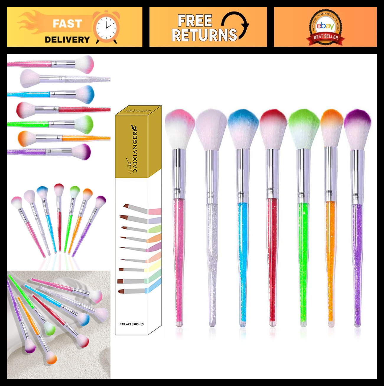 7PCS Gradient Color Nail Dust Brush Set, Soft Bristle Duster for Acrylic & Glitt