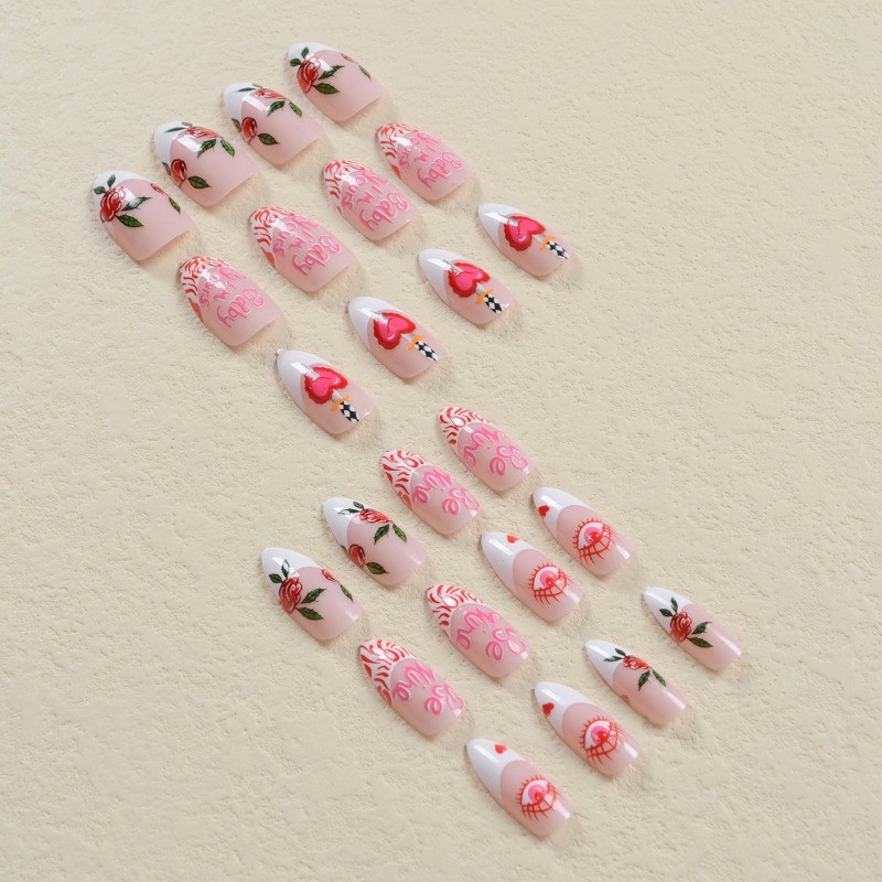 48 pieces of rose nail oval gloss, pink detachable reusable fake nail art
