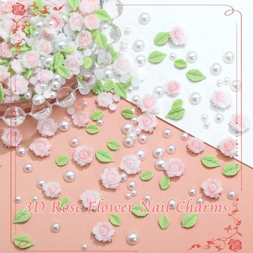 300PCS Flower Nail Charms Pink 3D Roses Flower Charms for Nail Design Green