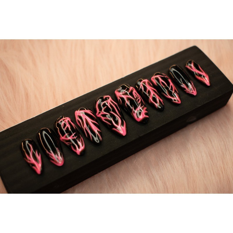 Pink Flame Handmade Press on Nails Black Base Swirl Dark Trendy Gloss Fake Nails