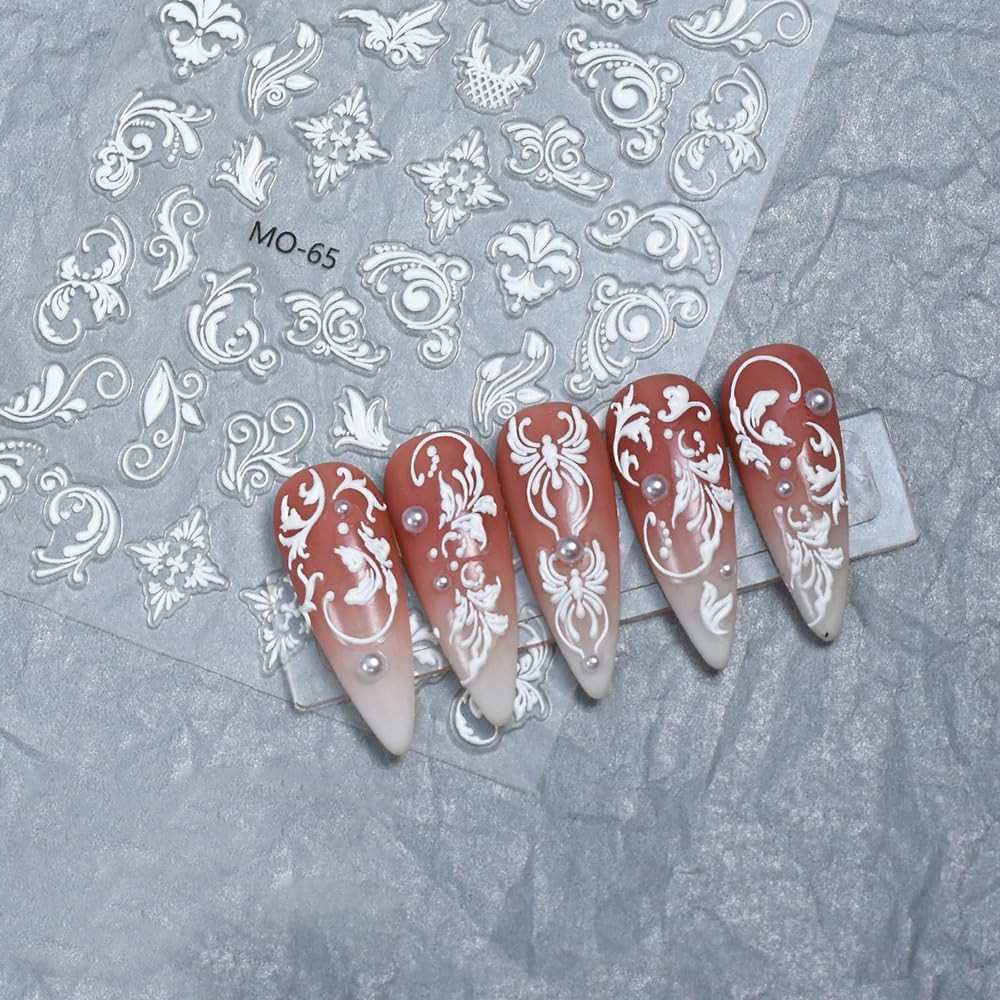 6 Sheets 5D Lace Flower Nail Stickers White Embossed Nail Art Decals DIY