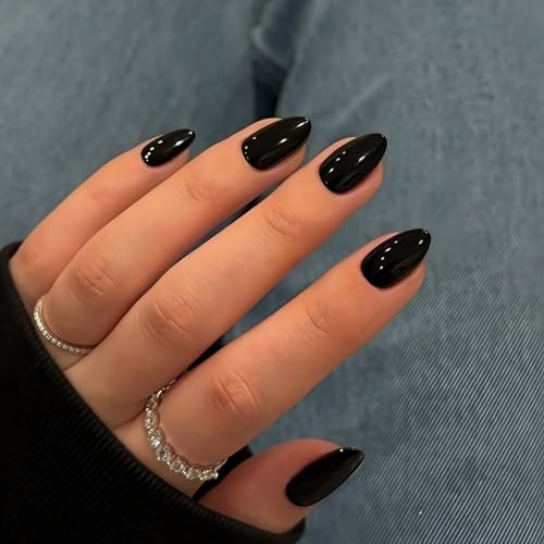 Black Press on Nails Short Oval Round Nails Glue on, Fall Winter oval black