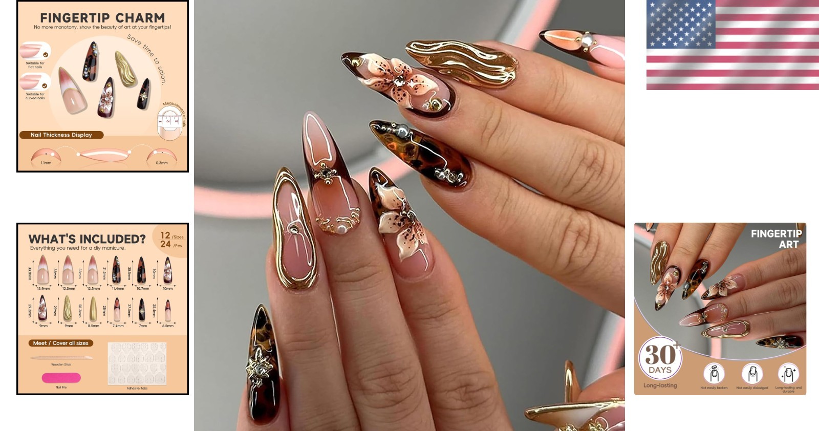 Luxury Long Almond Press-On Nails: 3D Brown Flower & Rhinestone Charm Set