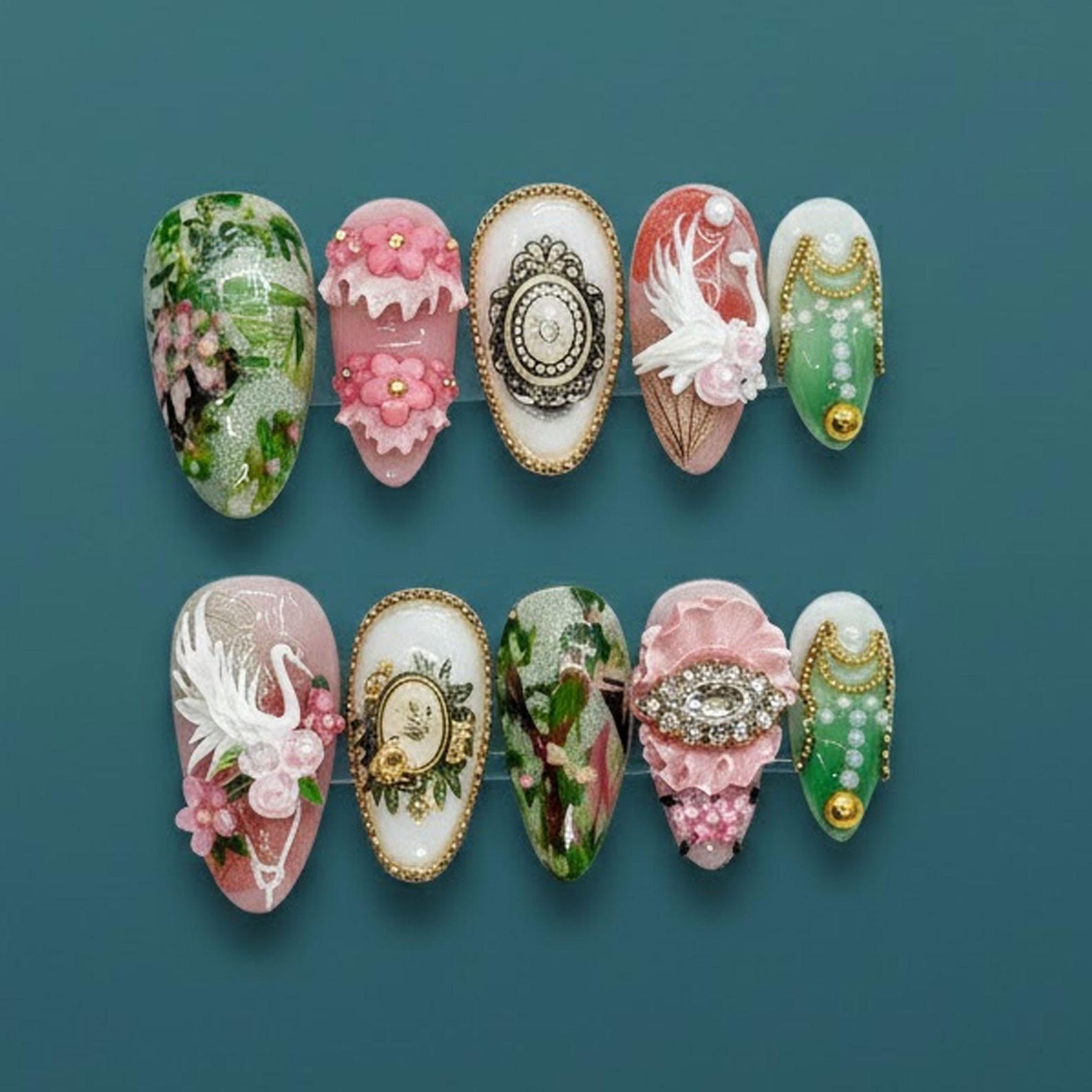 Handmade Vintage 3D Crane Flower Rhinestone Gold Bead Almond Press on Nails