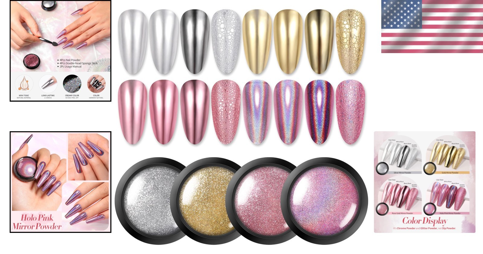 Stunning 4-Pack Chrome Holographic Nail Powder for Stunning Manicures
