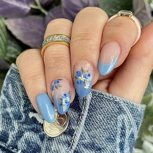 24Pcs Blue French Tip Press on Nails Short Almond – Blue Flowers Design Nails-6