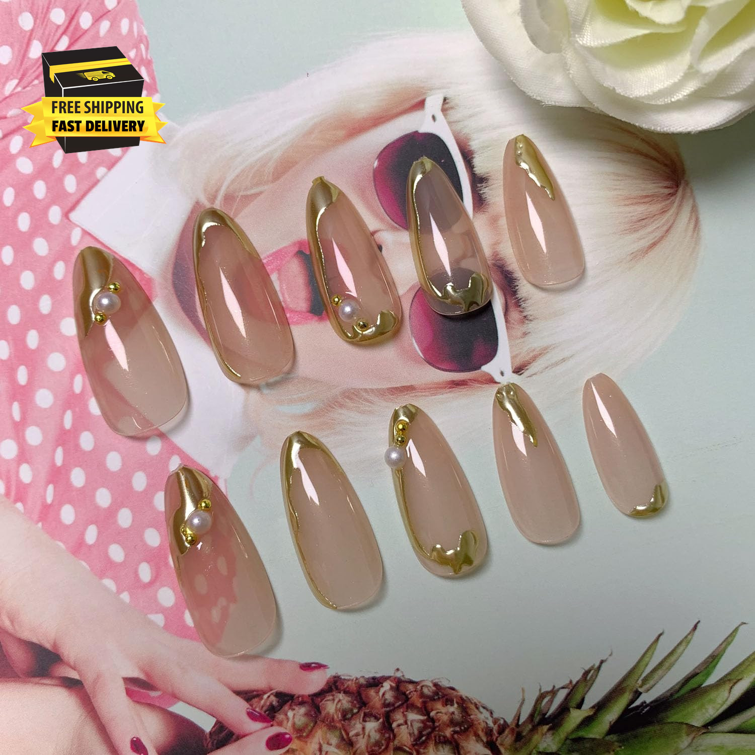 Almond Press on Nails Medium Glue on Nails Gold French Fake Nails 3D Gold Lines