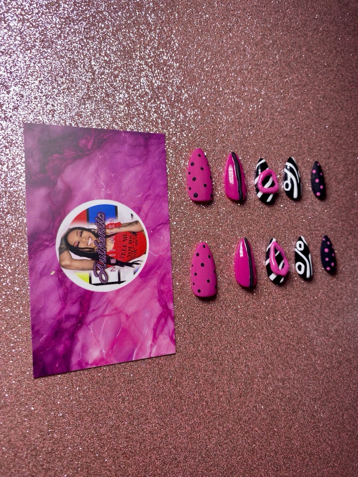 Press-On Nails Short Almond Shape, Almond-shaped Poky Dots. Bright hot pink.