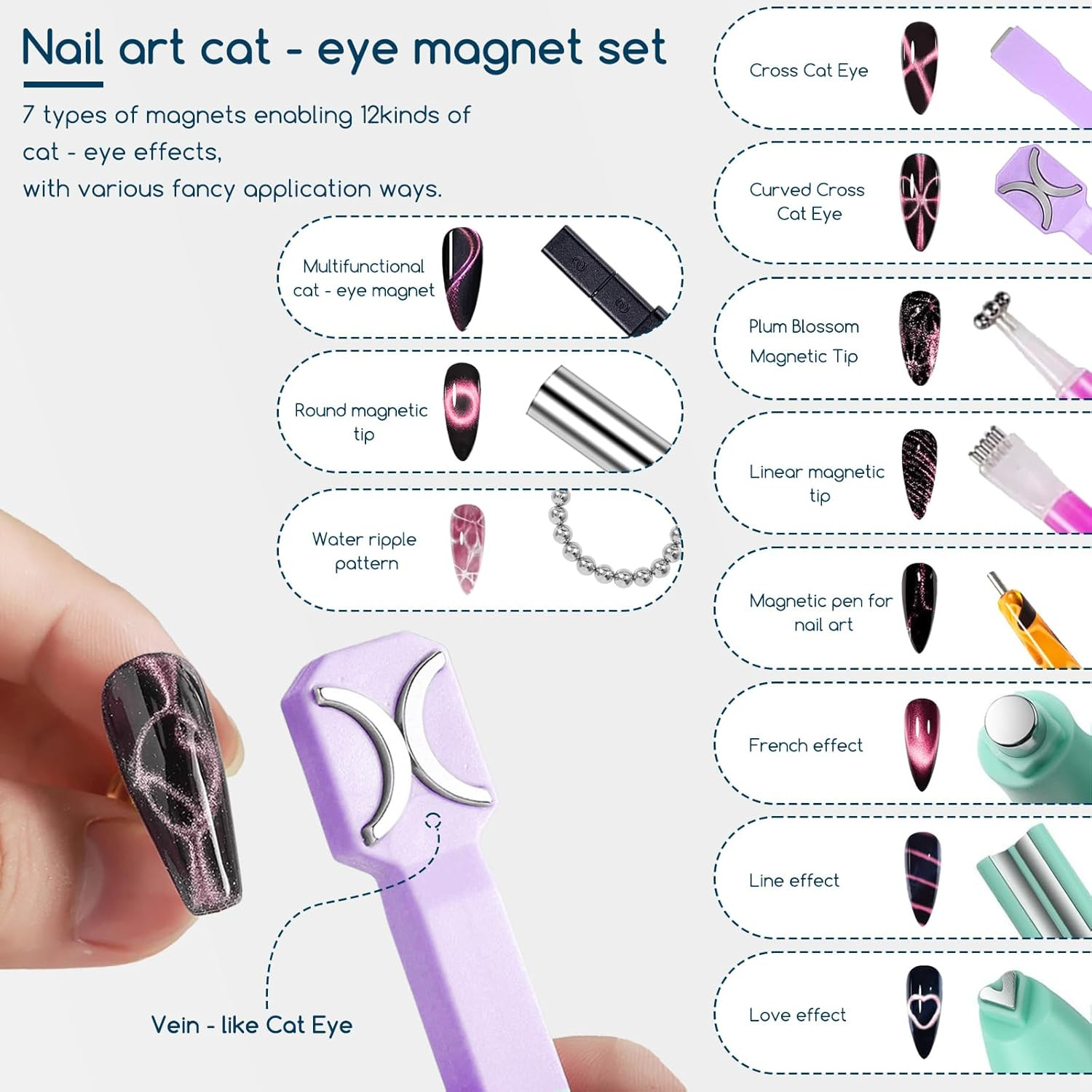 26 Pieces Cat Eye Magnet for Nails 3-In-1 Nail Heart Magnets Cylindrical Strong