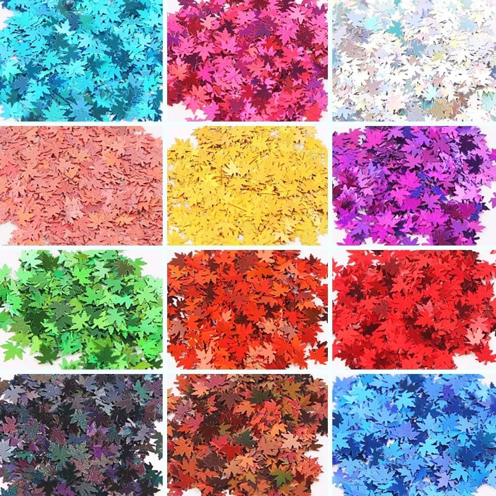 Fall Leaf Glitter Nail Sequins, 24 Colors Holographic Maple Leaf Nail Art Flakes