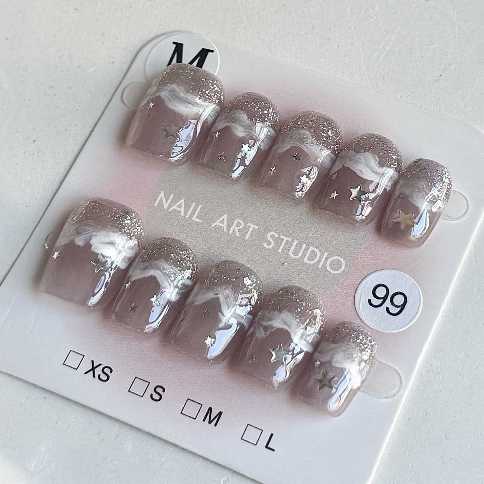 Handmade Pink White Ombre Press-On Nails Short Square Size M Reusable Fake Nails