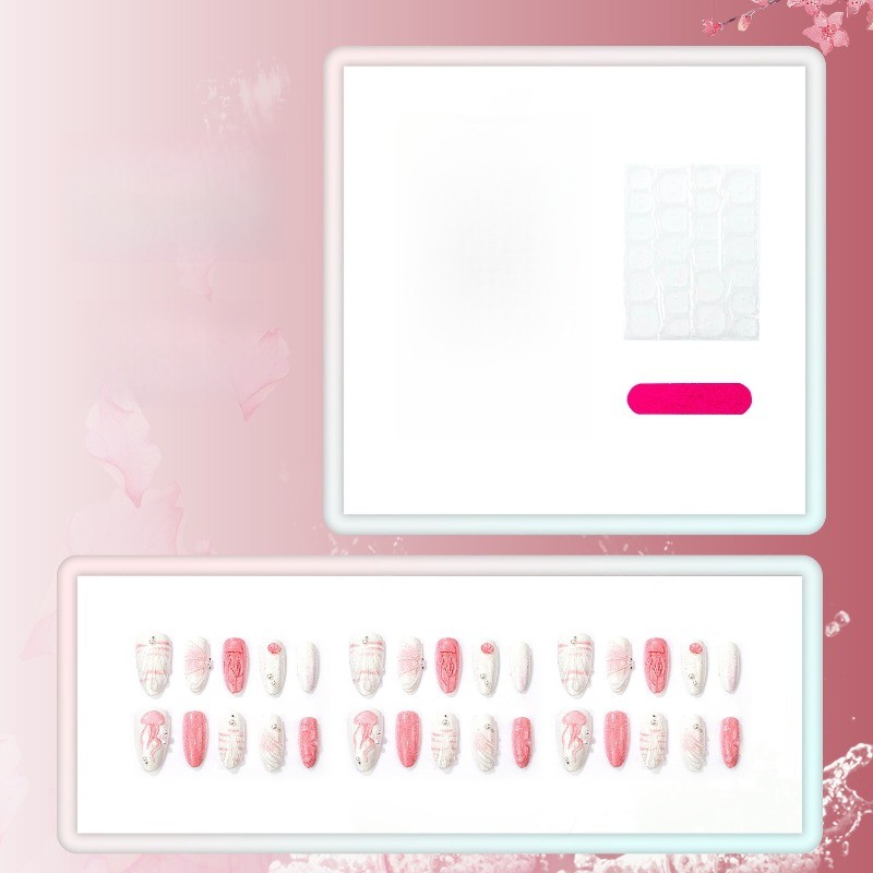 30pcs-Press on Nails Nude Pink Jellyfish Print Pearl Water Drop Almond Nail Set