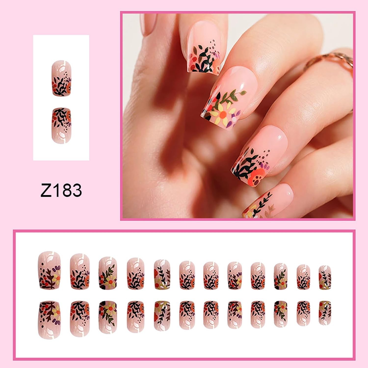 Vezocim Flower Press On Nails Medium Square Glossy Fake Nails 24PCS Floral NEW