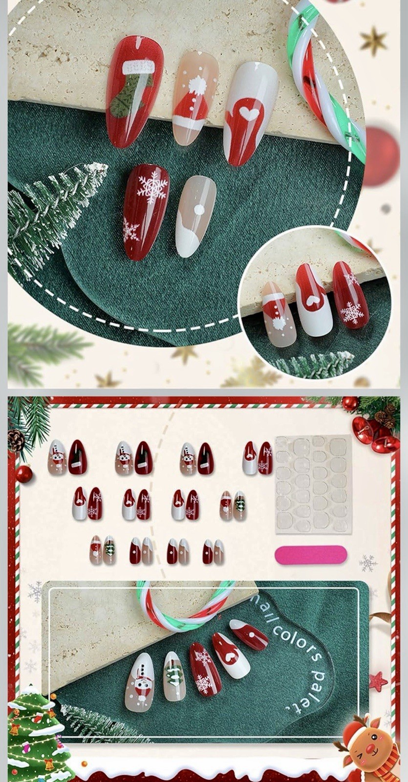 Christmas Press On Nails, New Medium Almond Red French Tip Fake False Cute