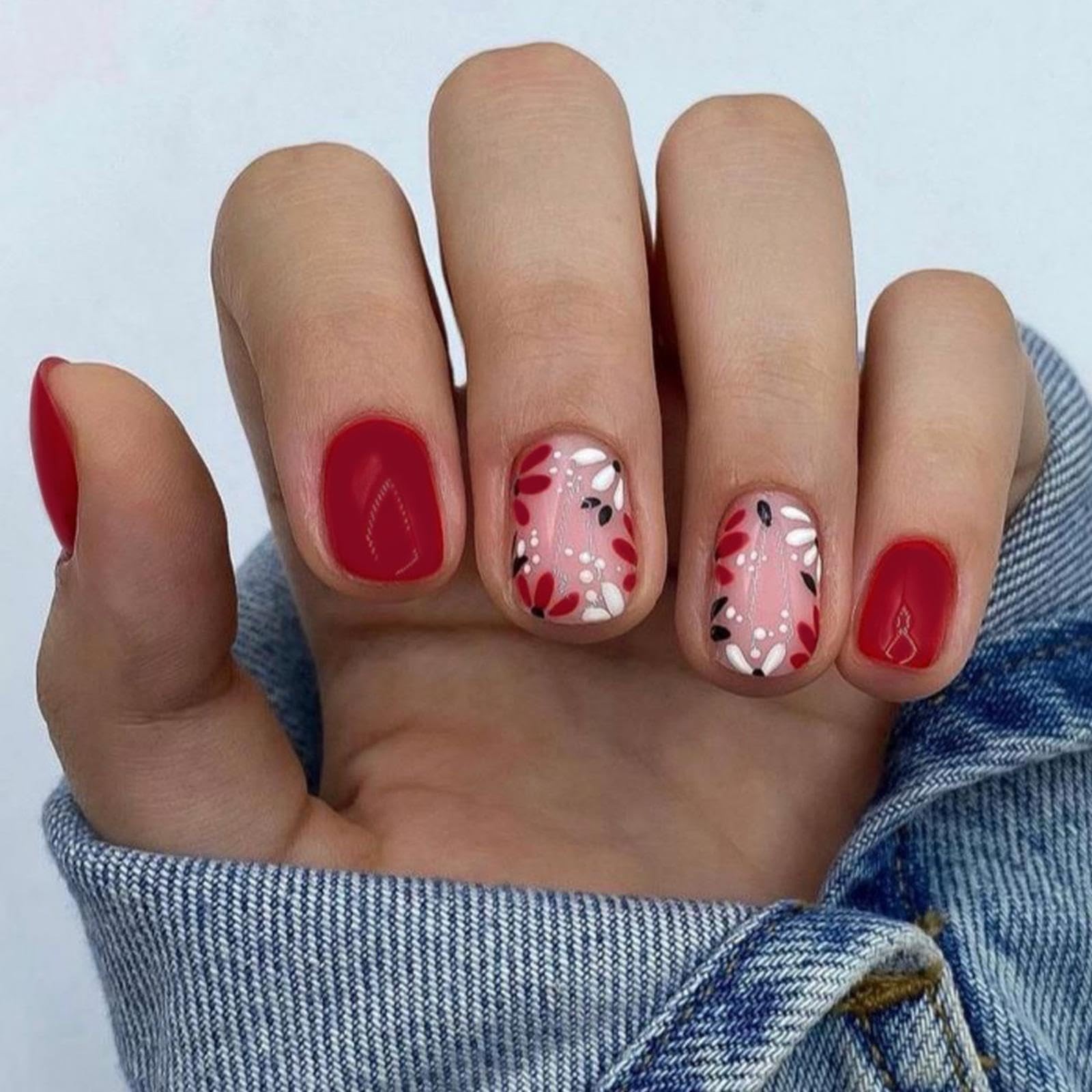 Red Press on Nails Short Square 1 Fl Oz (Pack of 1) Square white Flower-red