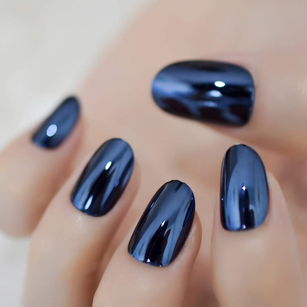 Press On Nails – Gray Blue Mirror Reflective | Acrylic Solid l UV Medium Oval…