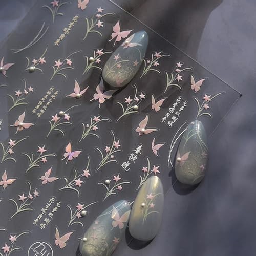 Pink Butterfly Nail Decals Stickers with 3D Pearl Design Spring Nail stickers10