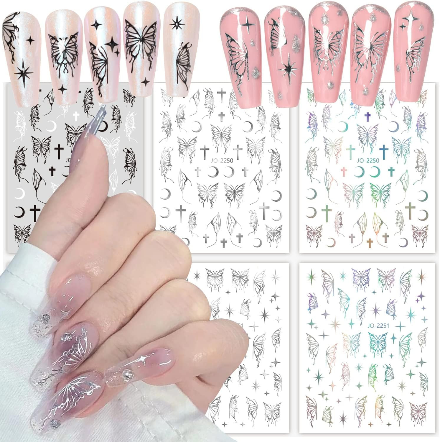 Butterfly Nail Art Sticker Decals, Laser Silver Black White Butterflies Nail Sel