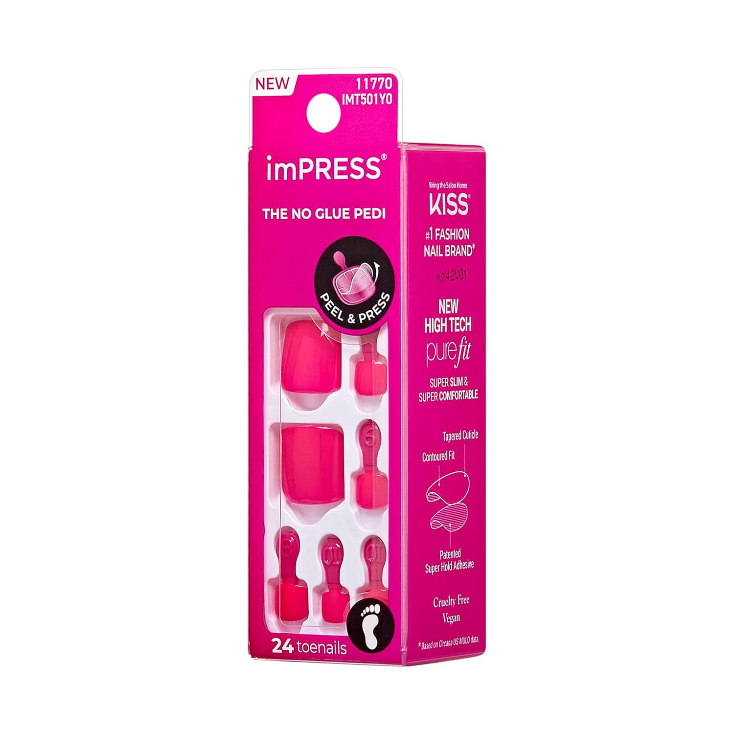 KISS Impress No Glue Mani 30 Pcs Press on Toenails, Hot Pink Stick on Extension