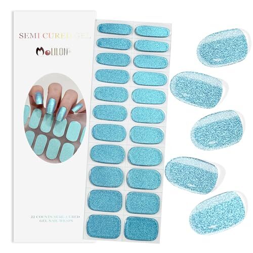 22 PCS Semi Cured Gel Nail Strips (Metallic Laser Blue) – Need UV Light |