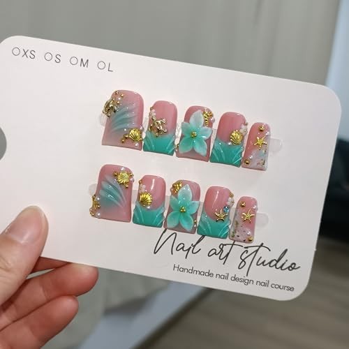 Duckbill Press on Nails – Ocean 3D Floral Teal Blushing Ombre L Dark Green