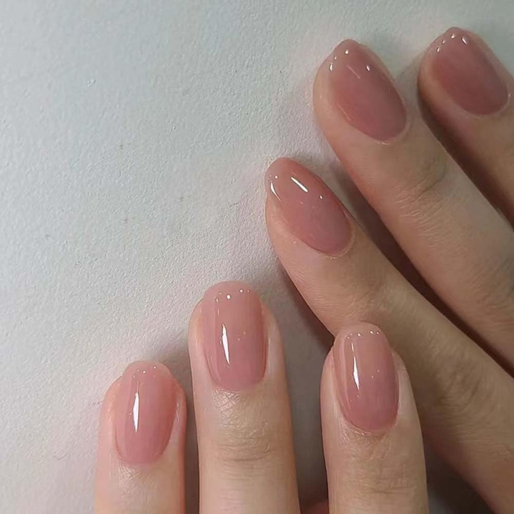 Nude Press on Nails Short Oval Pink Fake Nail with Glossy Design on Nail for Wom