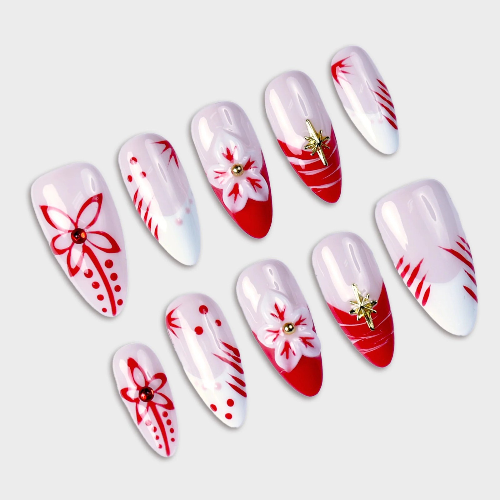 SIYOU Crimson Ink Almond Red, Gold & White Press-On Nails 10pc