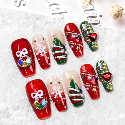 10 Pcs Christmas Handmade Acrylic Press on Nails Long Coffin Fake M Xmas01