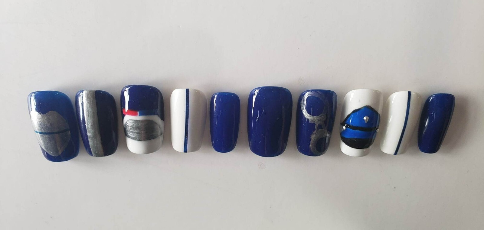 Police Themed Blue and Silver Press-on Nails, Short Square in Medium Size 