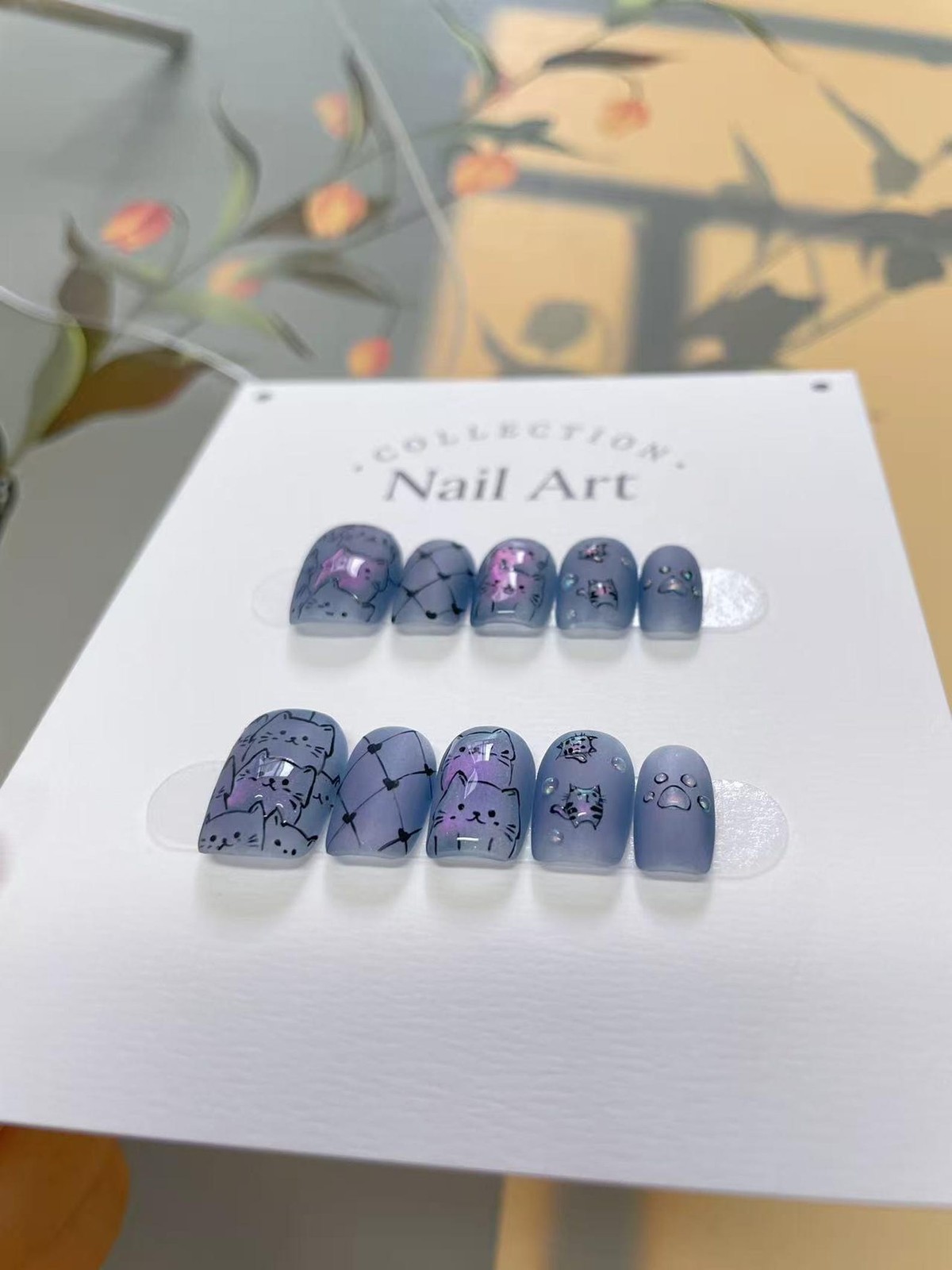 Handmade Matte Blue Cartoon Cat Paw Medium Square Press on Nails