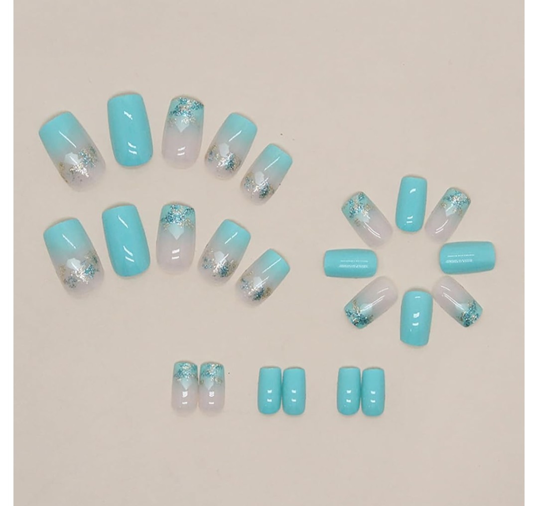Summer Gradient Lake Blue Full Cover False Nails – 24 Pcs Glossy Stick…60% OFF
