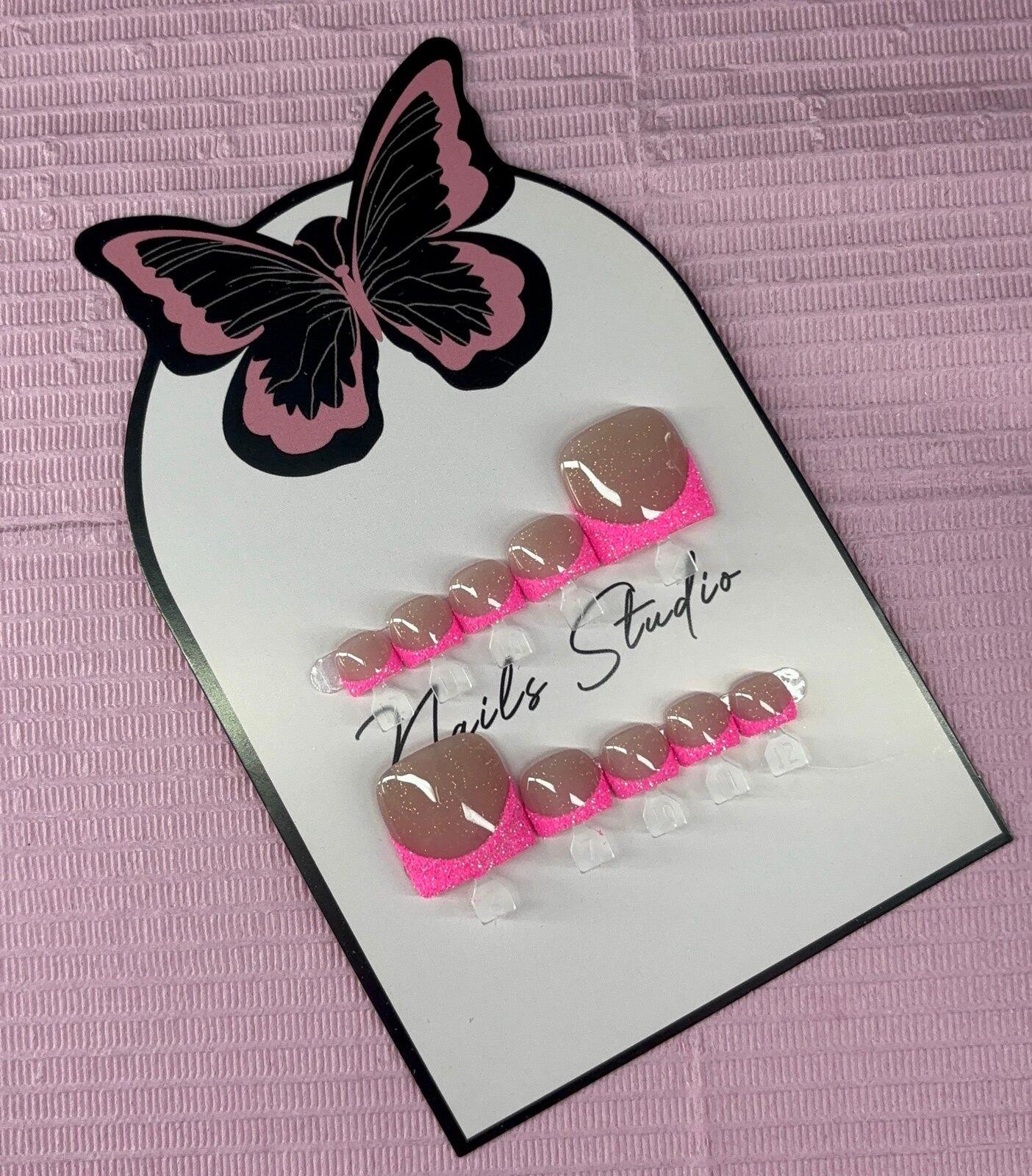 Press on toenails pink glitter French tips handmade custom builder gel nude