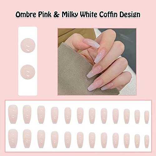 Ombre Press on Coffin Fake Nails Ombre Milky White Pink Design Glue on Nails