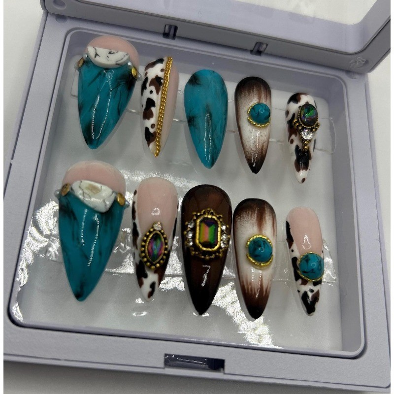 Custom Pure Handmade Nails Turquoise Cow Print Gem Gold Decor Western Manicure