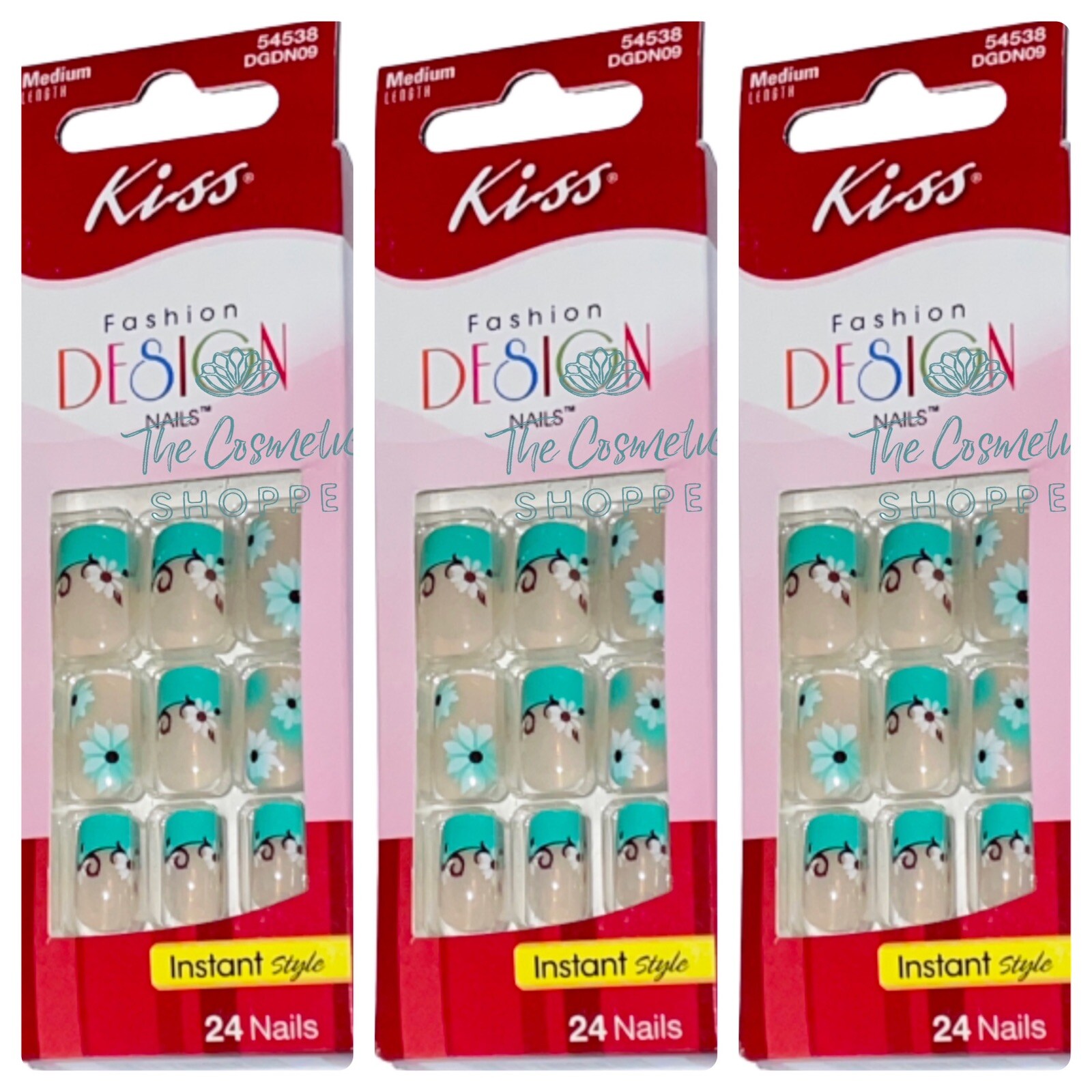 KISS Medium Length Shiny Aqua Daisy FlowerFrench Manicure Glue-On Nails x 3 Pks!