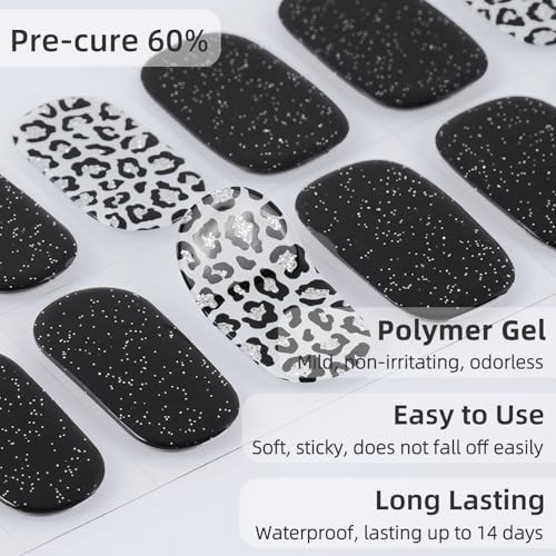 Semi Cured Gel Nail Strips | 28 pcs Gel Nails Strips Long D Black Leopard Print