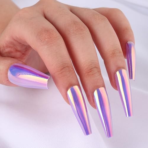 Chrome Press on Nails Purple Fluorescent Coffin False Nails Laser Chrome-13