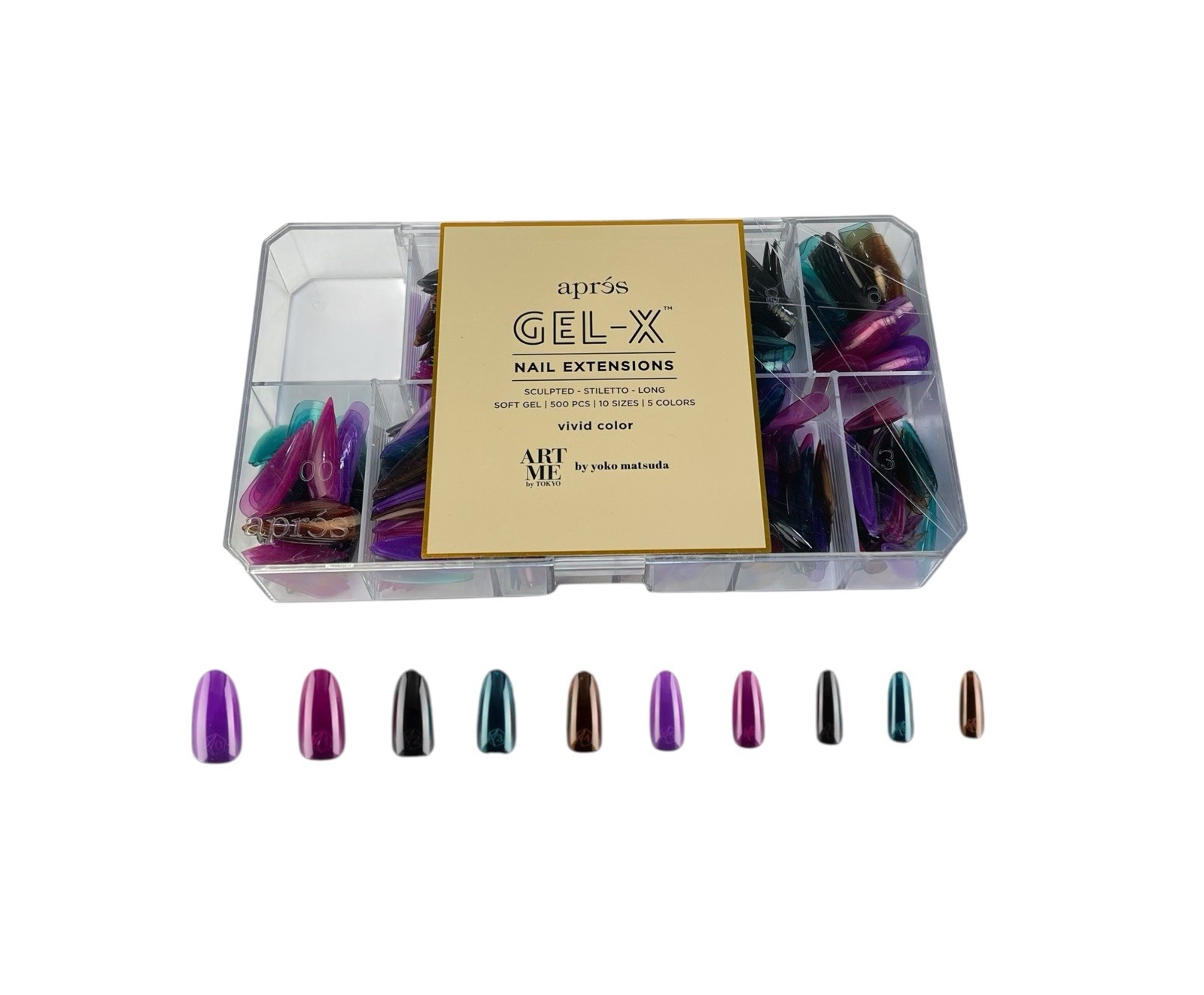 Apres GEL-X Nail Extensions 5 Colors Stiletto Long Tips 500 PCS 10 Sizes ART ME