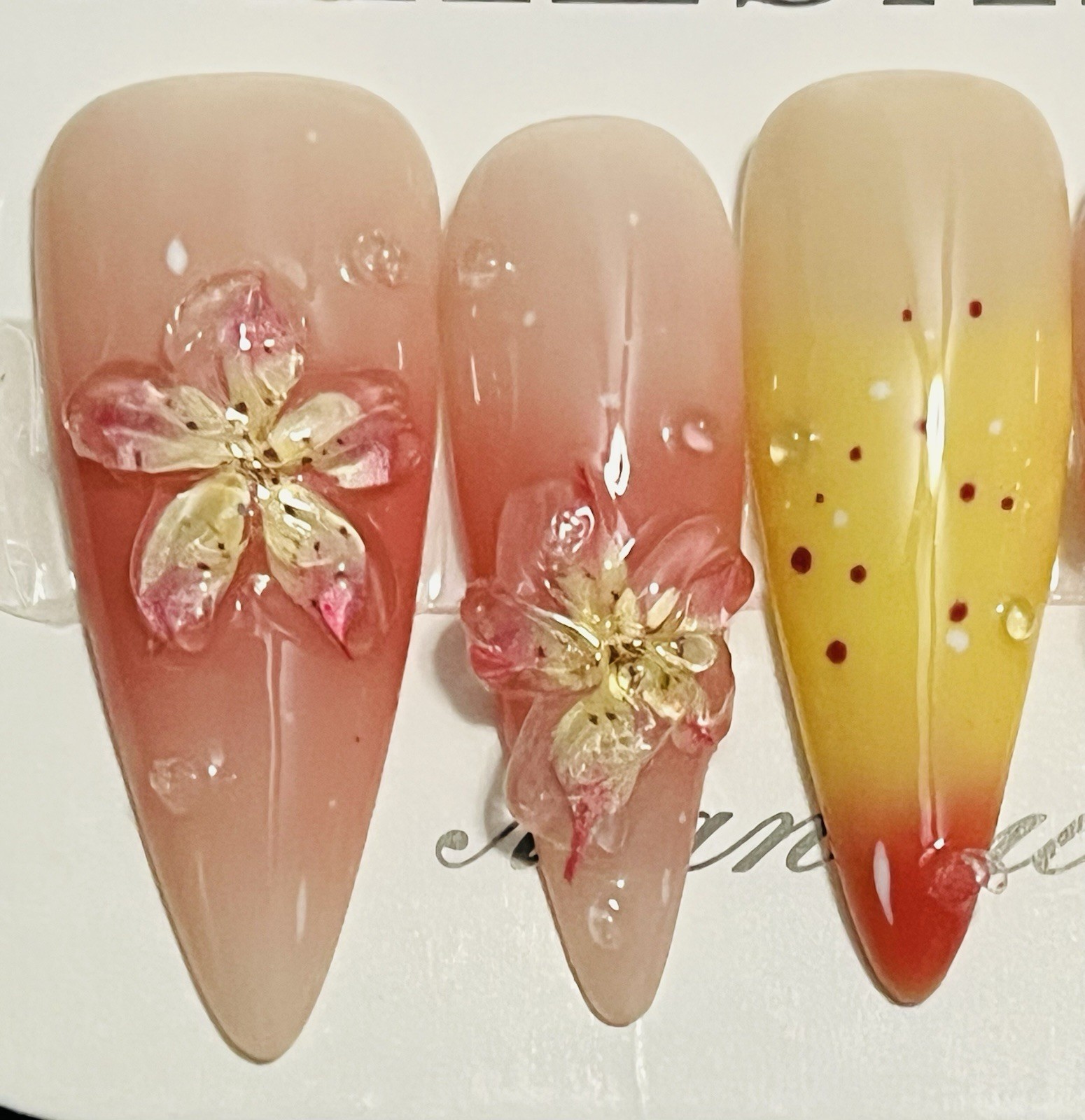 10 PCs Handmade Press On Nails Flower Long Almond Orange Pink Yellow Size L